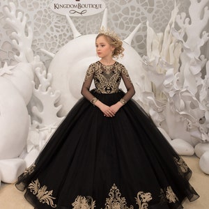 Black and Gold Flower Girl Dress - Birthday Wedding Party Holiday Bridesmaid Flower Girl Black and Gold Tulle Lace Dress 21-144