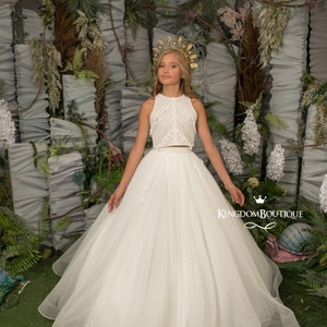 Elfenbein Tüll formelle Blumenmädchen Kleid für besondere Anlässe Brautjungfer Party Hochzeit Festzug Erstkommunion Fotoshooting Weihnachten
