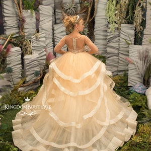 Gold und Elfenbein Tüll mit langen Ärmeln Blumenmädchen Kleid für besonderen Anlass Brautjungfer Party Hochzeit Festzug erste Kommunion Fotoshooting
