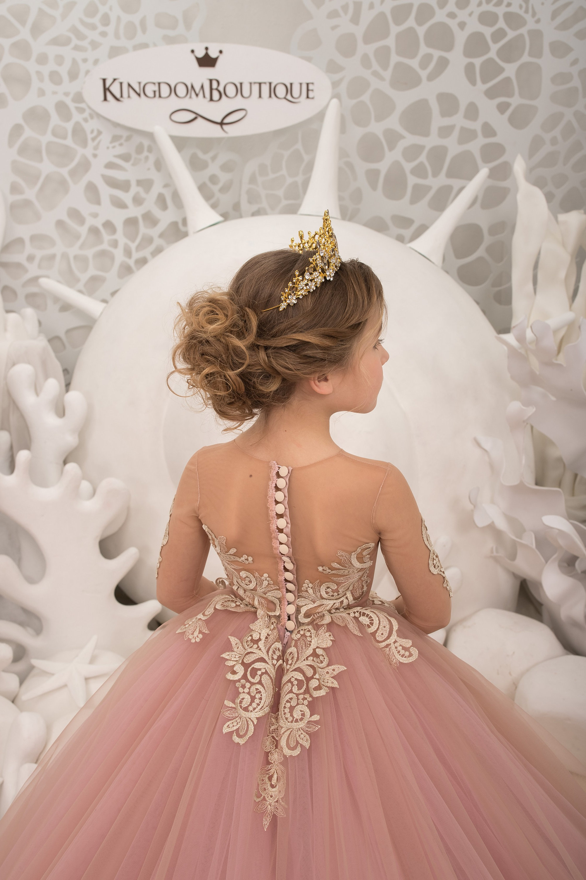 Blush Pink Gold Lace Ball Gown Flower Girl Dress Tulle Long Sleeve