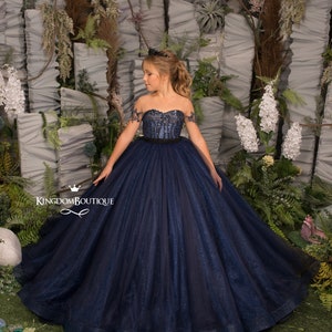 Navy Blau Spitze Tüll kurze Ärmel Blumenmädchen Kleid für besondere Anlässe Brautjungfer Party Hochzeit Festzug Geburtstag Fotoshooting Weihnachten