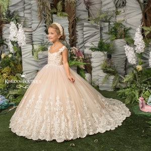 Elfenbein und Cappuccino-Spitze Tüll formelle Blumenmädchen Kleid für besonderen Anlass Brautjungfer Party Hochzeit Festzug Geburtstag Fotoshooting Weihnachten