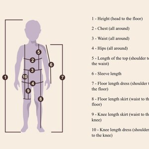 May include: Diagram showing body measurements for clothing, including height, chest, waist, hips, sleeve length, and dress and skirt lengths.