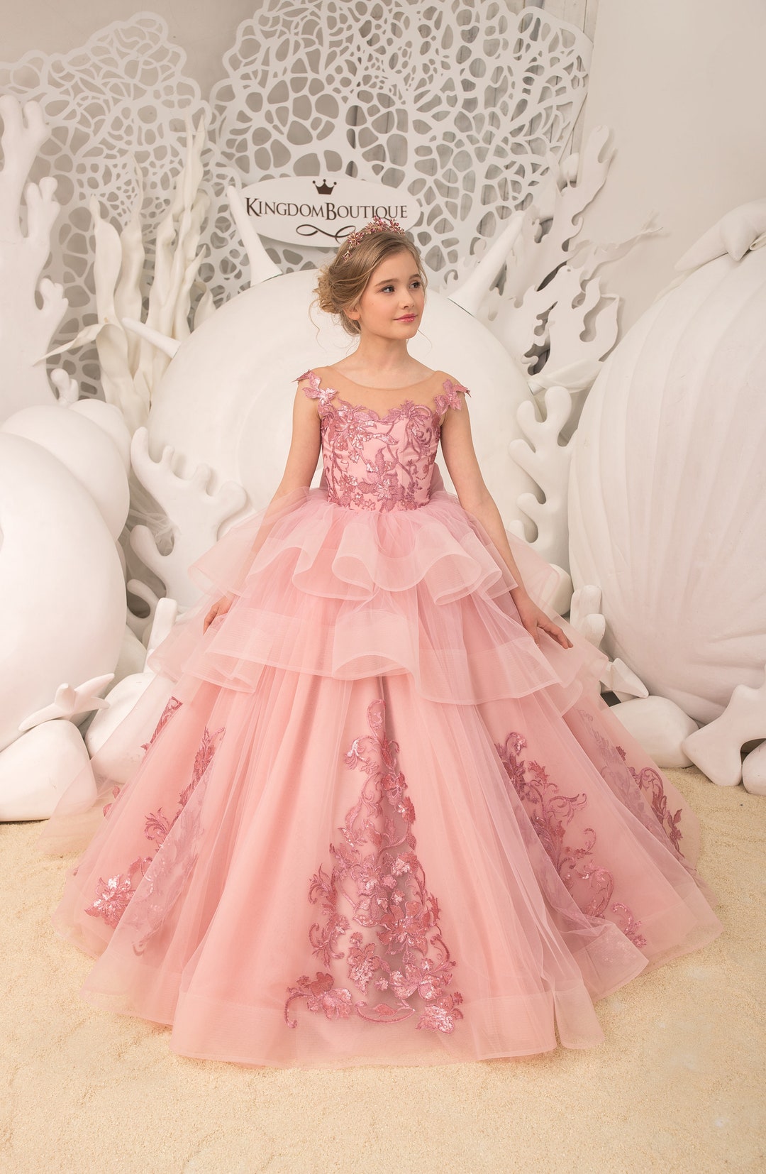 Vestido de nina de flores rosa rubor fiesta de bodas de cumpleanos dama de honor vacaciones vestido de nina de flores de encaje rosa rubor 21 106