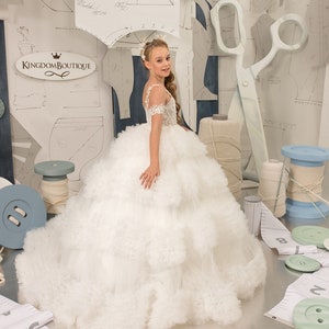 Blumenmädchenkleid, Tüll Blumenmädchenkleid, Spitze Blumenmädchenkleid, Ivory Hochzeitskleid, Erstkommunion Kleid, Junior Brautjungfernkleid