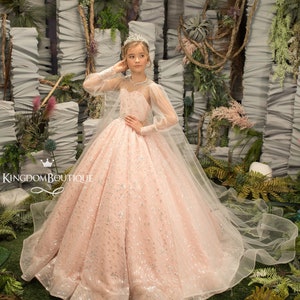 Ivory und Blush Pink Spitze Tüll lange Ärmel Blumenmädchen Kleid für besondere Anlässe Brautjungfer Party Hochzeit Festzug Fotoshooting Weihnachten