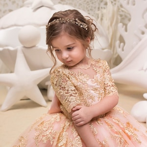 Blush Pink and Gold Flower Girl Dress Birthday Wedding Party Holiday Bridesmaid Flower Girl Blush Pink and Gold Tulle Lace Dress 21-061 image 3