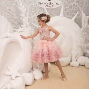 Blush rosa Spitze Tüll Satin formale Blumenmädchen Kleid für besonderen Anlass Brautjungfer Party Hochzeit Festzug Fotoshooting Weihnachten