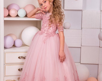 Blush Pink Lace Tulle Flower Girl Dress - Wedding party Holiday Bridesmaid Birthday Blush Pink Flower Girl Tulle Lace Dress 15-043