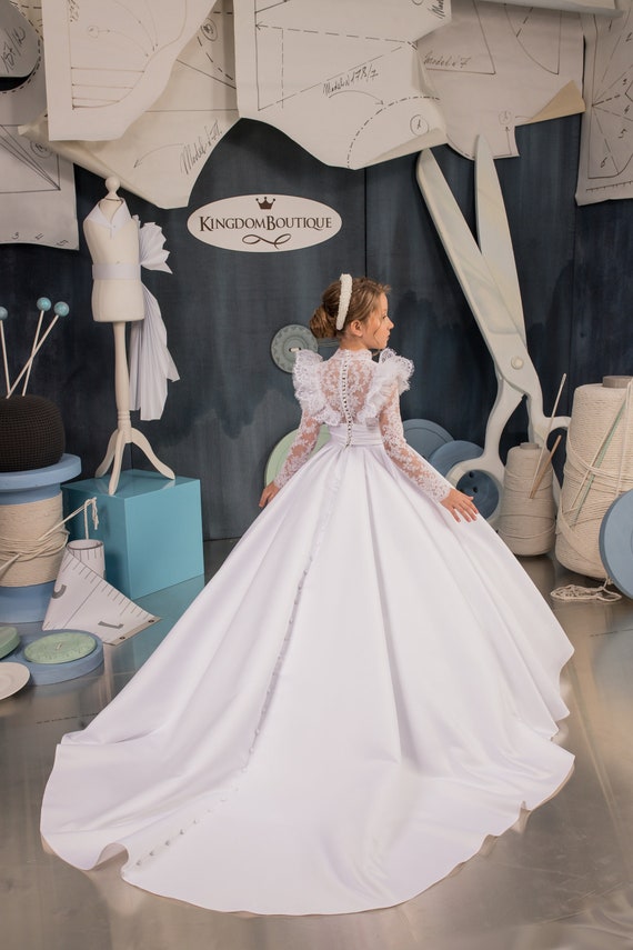 Robe Fille Princesse Fleurie Avec Gants - Mariage, Communion, Bal, Neuve Avec étiquettes, Satin
