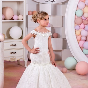 Ivory Blumenmädchen Meerjungfrau Spitze Tüll Kleid für besonderen Anlass Brautjungfer Party Hochzeit Festzug Geburtstag Fotoshooting Weihnachten