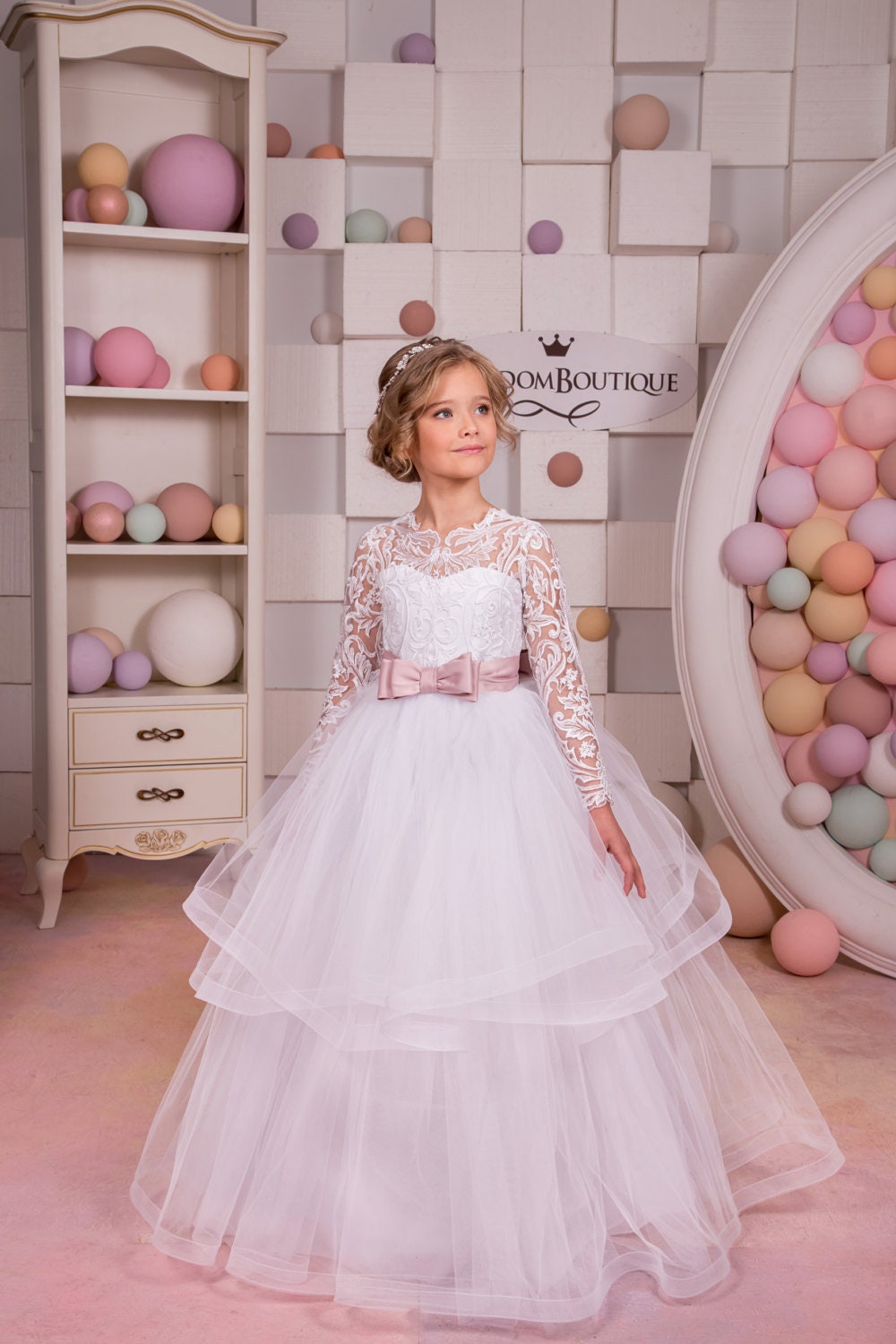 White Ivory Lace Tulle Long Sleeves Flower Girl Dress for