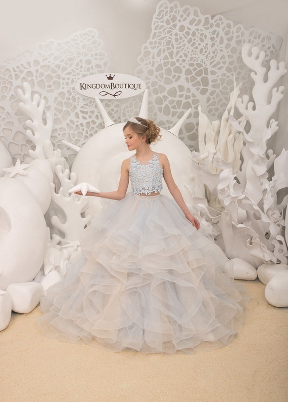 Powder Blue Two Pieces Lace Tulle Formal Flower Girl Dress for