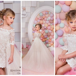 Elfenbein und Cappuccino Spitze Tüll Blumenmädchen Kleid für besonderen Anlass Brautjungfer Party Hochzeit Festzug Geburtstag Fotoshooting Weihnachten