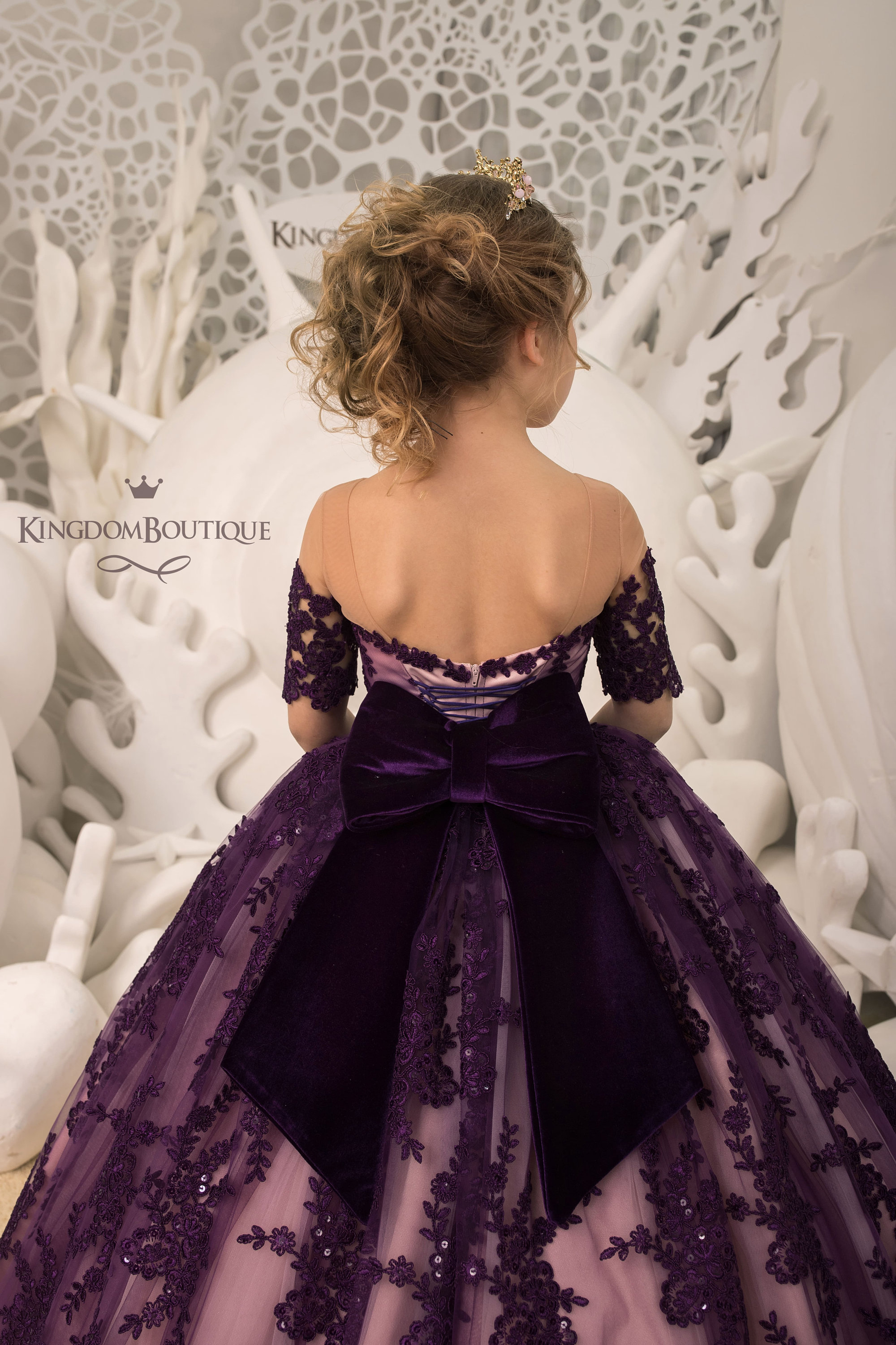 Fashion Purple Tassek Warm Fleece Tulle Girls Maxi Dress Flare Sleeve TG003 main image 1