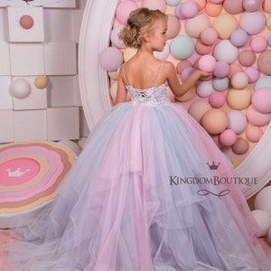 Rosa und Grau Tüll Blumenmädchen Kleid - Geburtstag Hochzeit Party Urlaub Brautjungfer Blumenmädchen Kleid 15-046