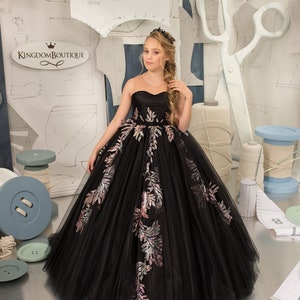 Blumenmädchenkleid, Tüll Blumenmädchenkleid, Spitze Blumenmädchenkleid, Schwarz und Rosegold Hochzeitskleid, Junior Brautjungfernkleid
