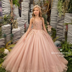 Blush Rosa Goldspitze Tüll formelle Blumenmädchen Kleid für besonderen Anlass Brautjungfer Party Hochzeit Festzug erste Kommunion Fotoshooting.