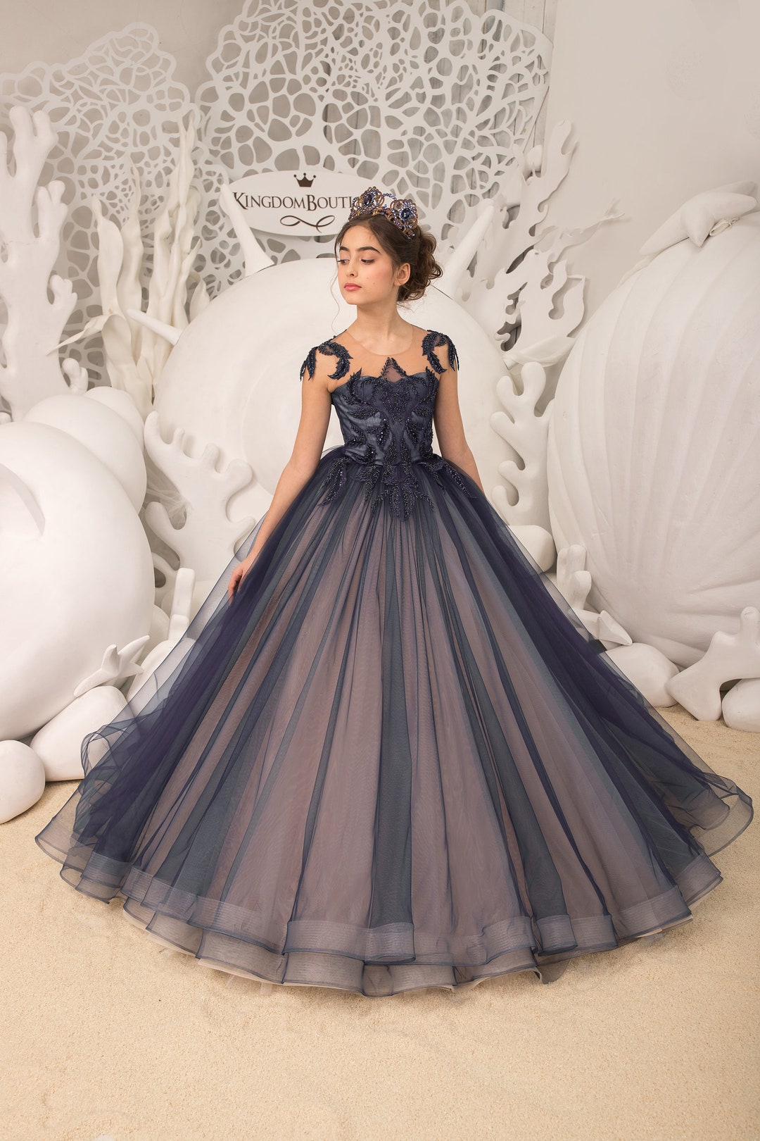 childrens navy bridesmaid dresses YONGHS Kids Flower Girl Satin A Line Party Dress Junior Bridesmaid Gown Navy  Blue 6
