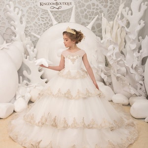 Blumenmädchenkleid - Formales Ivory Gold Tüllkleid für besondere Anlässe Brautjungfernparty, Hochzeit, Erstkommunion, Fotoshooting, Geburtstag