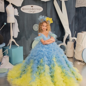 Blumenmädchenkleid, Tüll Blumenmädchenkleid, Spitze Blumenmädchenkleid, Gelb Blau Blumenmädchenkleid, Hochzeitsfestkleid, Brautjungfernkleid