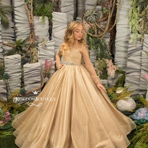 Gold Tüll lange Ärmel Blumenmädchen Kleid für besondere Anlässe Brautjungfer Party Hochzeit Festzug Erstkommunion Fotoshooting Weihnachten