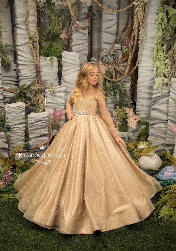 Tul dorado manga larga flor vestido de niña para ocasión - Etsy México Tul dorado manga larga flor vestido de niña para ocasión - Etsy México