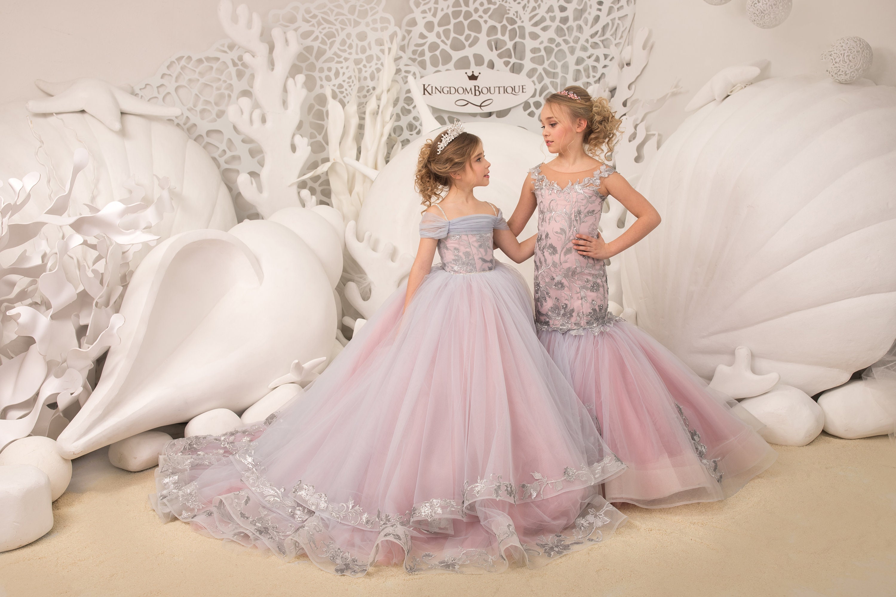 Blush pink and Silver tulle formal flower girl dress for special occasion bridesmaid party wedding pageant photoshoot birthday Christmas