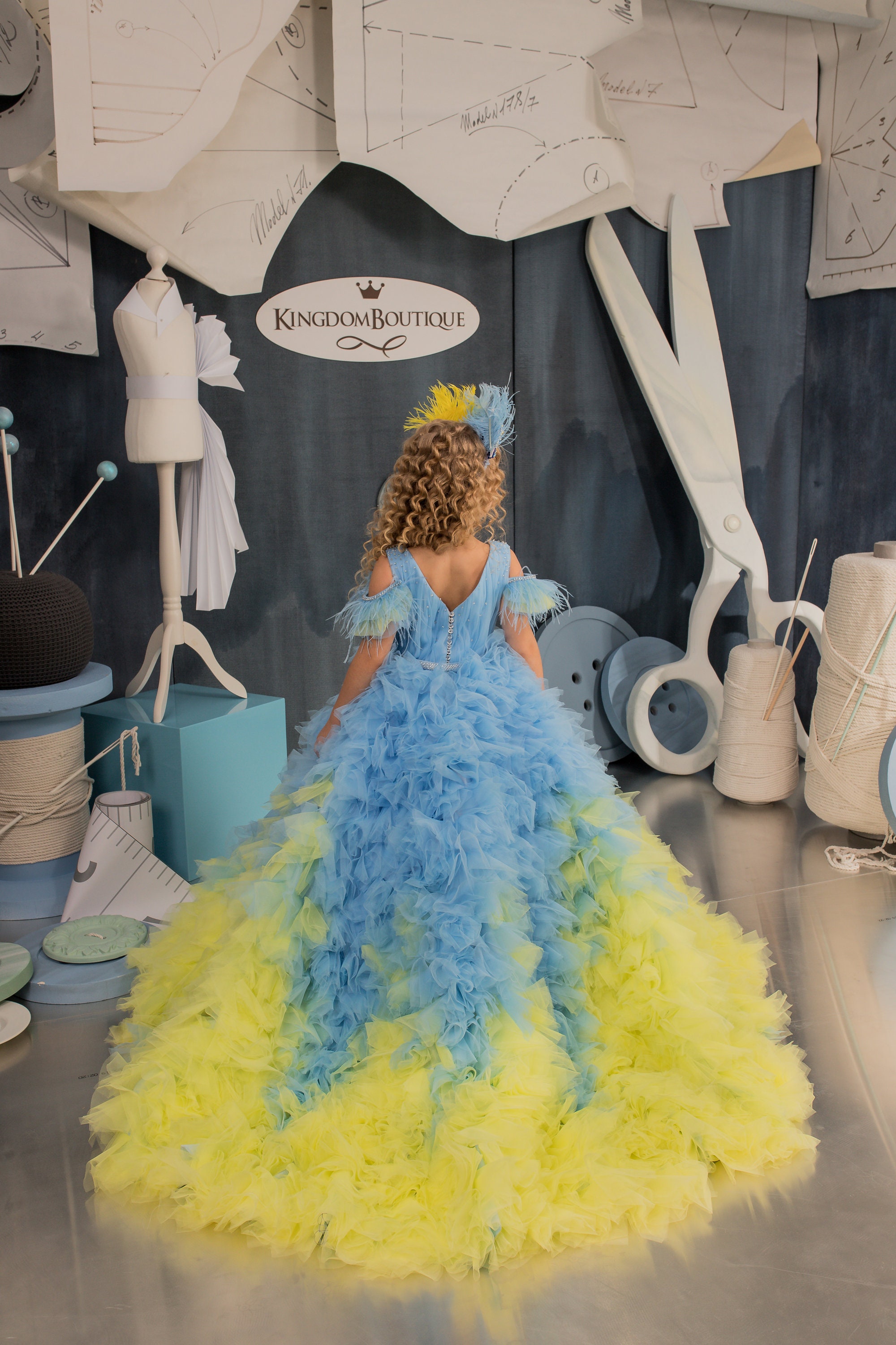 blue and yellow dress princess Yellow and Royal Blue Lace Flower Girl Dress