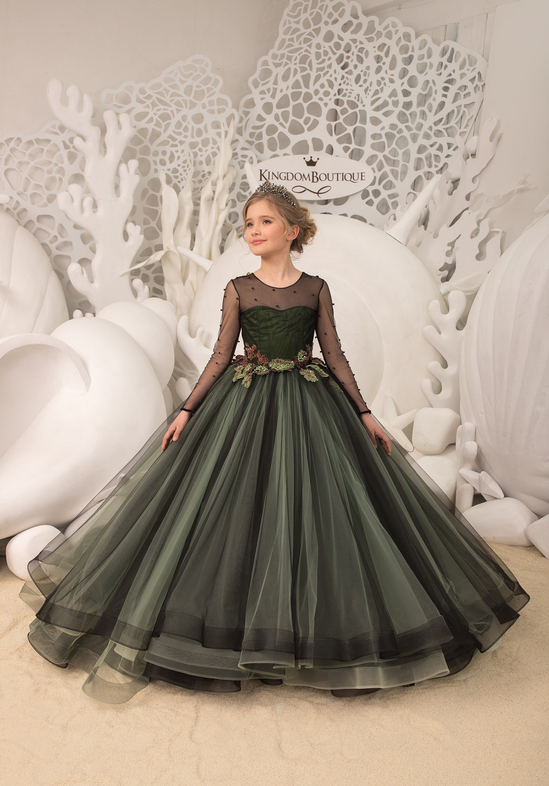 Vestido formal de niña de flores de manga larga de tul de encaje