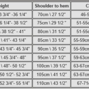 May include: Size chart with measurements in inches and centimeters for clothing sizes 2 through 10. The chart includes measurements for height, shoulder to hem, and chest (bust).