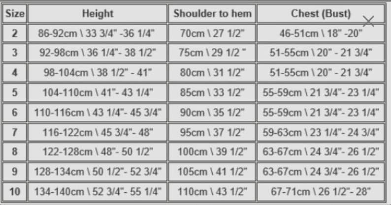 May include: Size chart with measurements in inches and centimeters for clothing sizes 2 through 10. The chart includes measurements for height, shoulder to hem, and chest (bust).