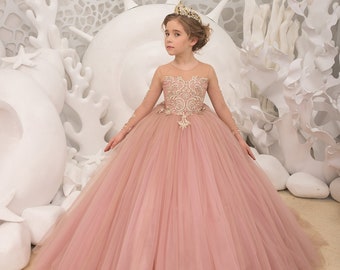 Blush Pink Gold Lace Tulle Long Sleeve Formal Flower Girl - Etsy Blush Pink Gold Lace Tulle Long Sleeve Formal Flower Girl - Etsy