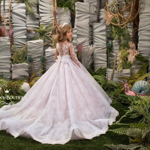 Blush rosa weiße Spitze Tüll lange Ärmel Blumenmädchen Kleid für besonderen Anlass Brautjungfer Party Hochzeit Festzug erste Kommunion Fotoshooting