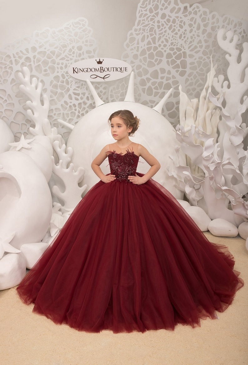 Maroon lace tulle formal flower girl dress for special Maroon