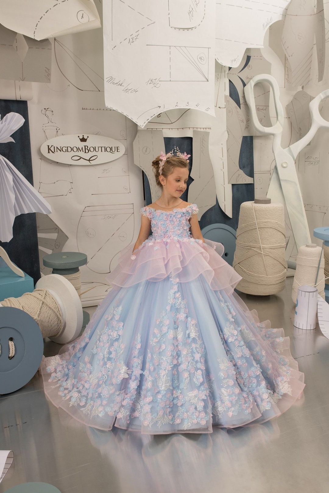 Flower Girl Wedding Dress - Long Tulle First Communion Dress With Embroidery