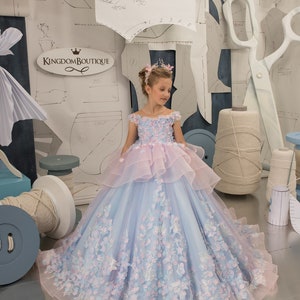 Blumenmädchenkleid, Blumenmädchenkleid aus Tüll, Blumenmädchenkleid aus Spitze, Hellblaues und rosa Kleid, Erstkommunionskleid, Junior-Brautjungferkleid