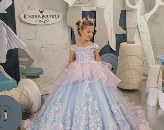 Flower girl dress, Tulle flower girl dress, Lace flower girl dress, Light blue and pink dress, First communion dress,Junior bridesmaid dress
