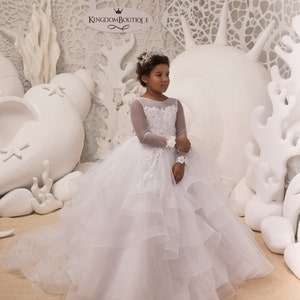 Weiß Tüll lange Ärmel formelle Blumenmädchen Kleid für besonderen Anlass Brautjungfer Party Hochzeit Festzug erste Kommunion Fotoshooting Geburtstag