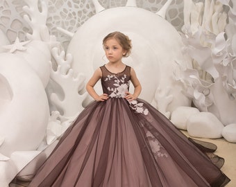 【naoho】lady flower dress-brown- Chocolate Flower Girl Dress - Birthday Wedding Party