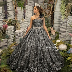 Graues Tüll Glitzer Blumenmädchen Kleid für besondere Anlässe Brautjungfer Party Hochzeit Festzug Erstkommunion Fotoshooting Weihnachten