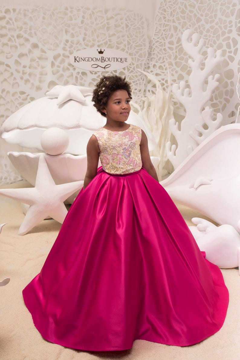 Fuchsia Gold Two Pieces Satin Lace Flower Girl Dress for | Etsy