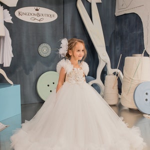 Flower girl dress, Tulle flower girl dress, Lace flower girl dress, Ivory flower girl dress, First communion dress, Junior bridesmaid dress