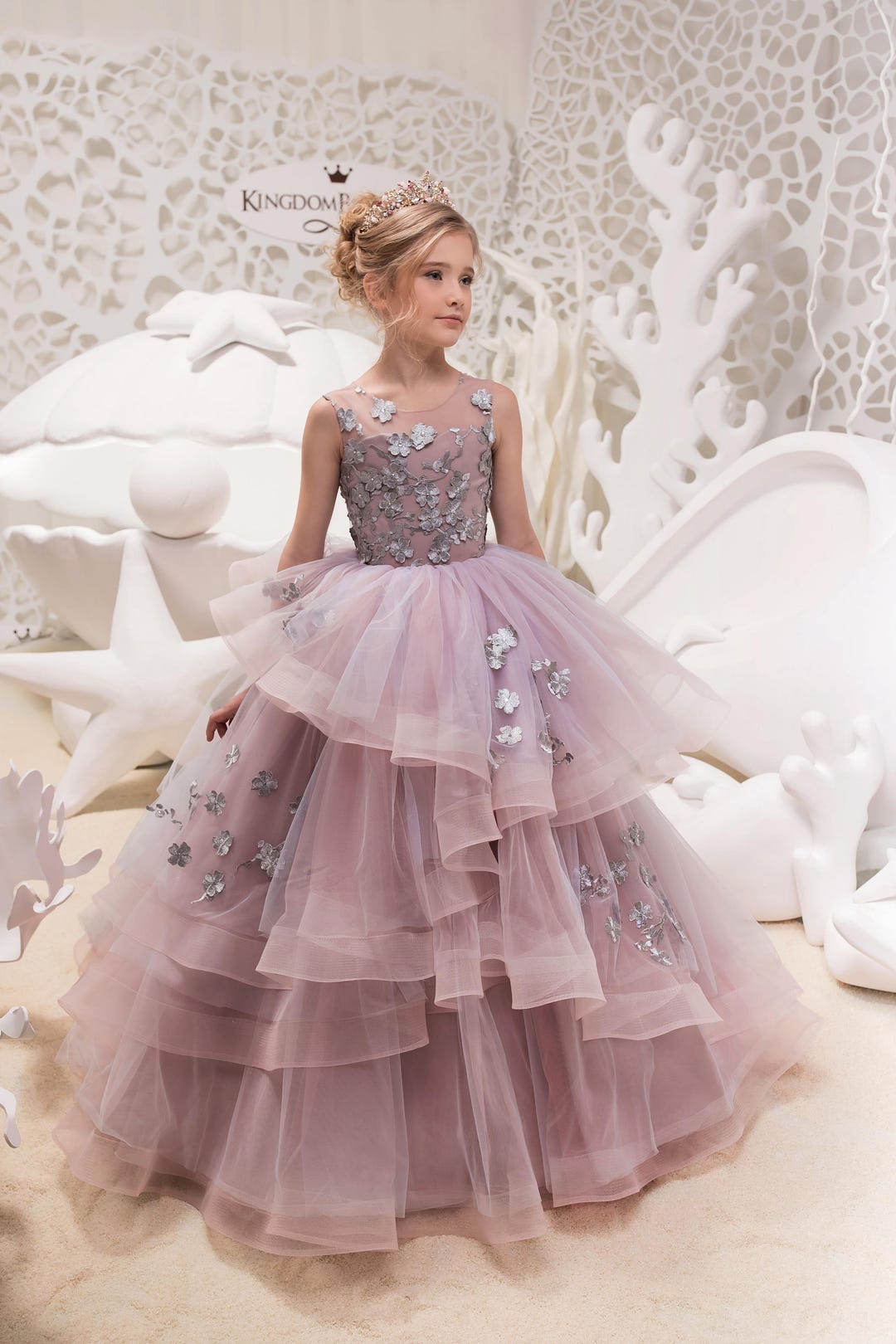 トリートTreat Girl's tulle frill jersey(gray Gray and Pink Lace Tulle Formal Flower Girl Dress for