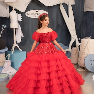 Blumenmädchenkleid, Tüll Blumenmädchenkleid, Spitze Blumenmädchenkleid, Rotes Blumenmädchenkleid, Erstkommunionkleid, Junior Brautjungfernkleid