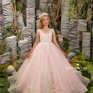Blush Pink und Ivory Spitze Tüll Blumenmädchen Kleid für besondere Anlässe Brautjungfer Party Hochzeit Festzug Erstkommunion Fotoshooting Weihnachten