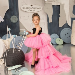 Blumenmädchenkleid, Tüll Blumenmädchenkleid, Spitze Blumenmädchenkleid, Schwarz und Baby rosa Hochzeitskleid, Junior Brautjungfer Kleid