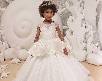 Lace Ivory Flower Girl Dress - Birthday Bridesmaid Wedding Party Holiday Ivory Lace Tulle Flower Girl Dress 21-090