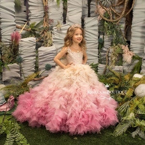 Cappuccino und Blush Rosa Spitze Tüll formelle Blumenmädchen Kleid für besonderen Anlass Brautjungfer Party Hochzeit Festzug Geburtstag Fotoshooting