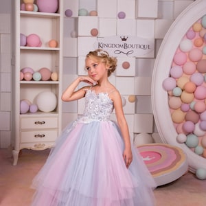 Pink and Grey Tulle Flower Girl Dress Birthday Wedding Party Holiday ...